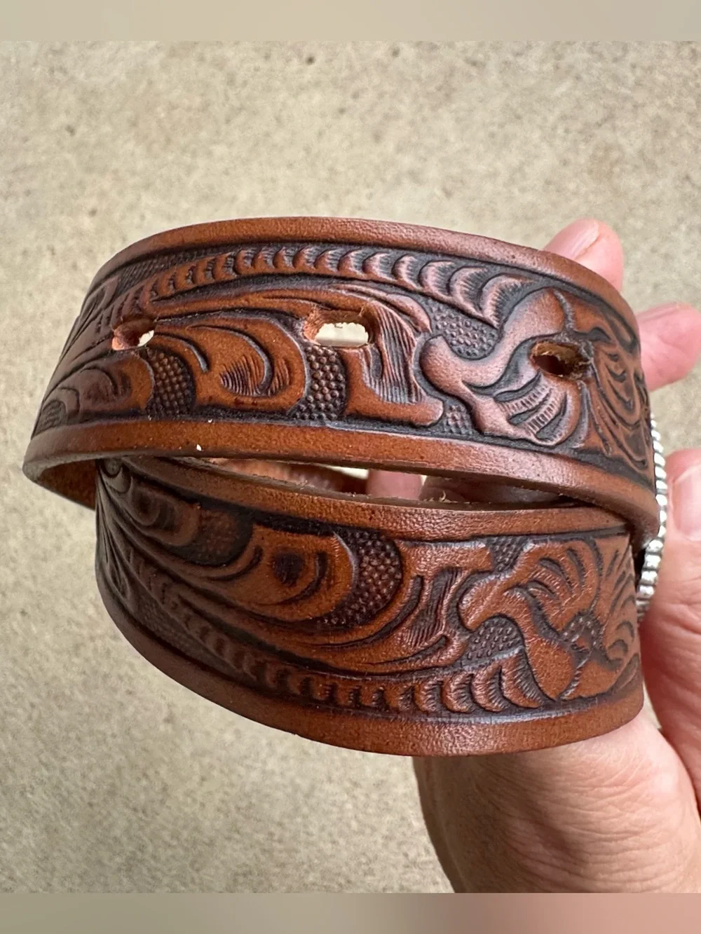 JUSTIN  Kids Brown Tooled Top Grain Leather Belt & Champion Buckle Size 20”